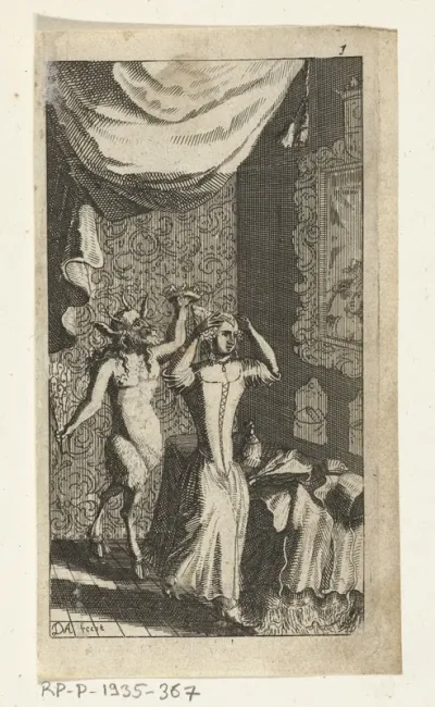 Boekillustratie voor Simon de Vries, Seven Duyvelen regeerende en serveerende de Hedendaeghsche Dienstmaegden, Amsterdam, 1682