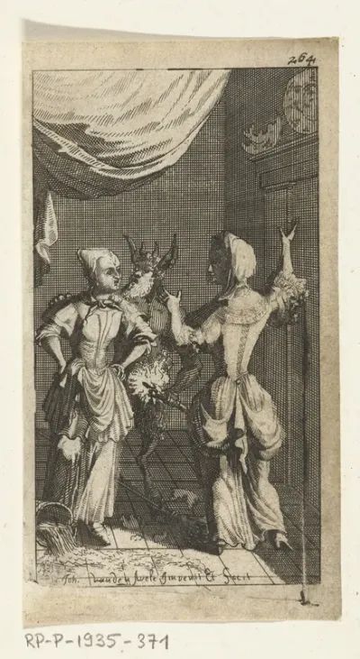Boekillustratie voor Simon de Vries, Seven Duyvelen regeerende en serveerende de Hedendaeghsche Dienstmaegden, Amsterdam, 1682