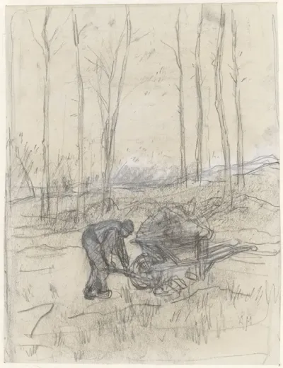 Boer aan het werk met een kruiwagen in het bos