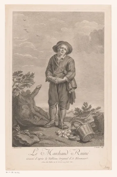 Boer bij een omgevallen mand met eieren