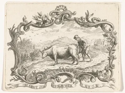 Boer die een akker ploegt met twee ossen, in cartouche
