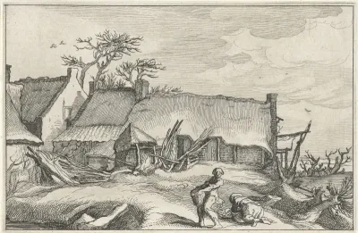 Boer en een boerin bij een boerderij