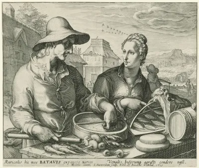 Boer en een boerin bij een marktkraam