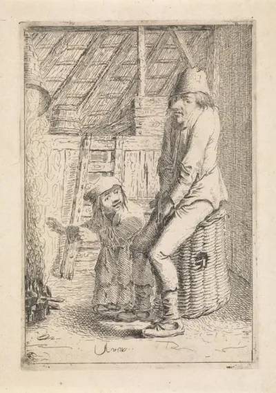 Boer en kind warmen zich aan haardvuur