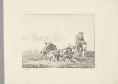 Boer en twee koeien in weiland