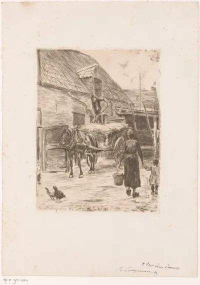 Boer laadt hooi van een wagen terwijl boerin en zoon aan komen lopen met een emmer