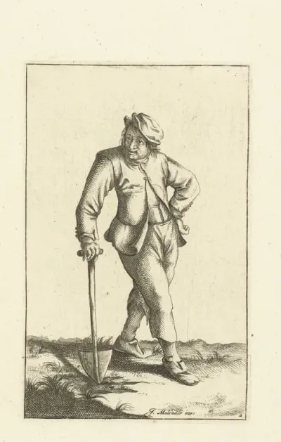 Boer leunt op schop
