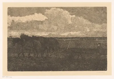 Boer met drie ploegende paarden