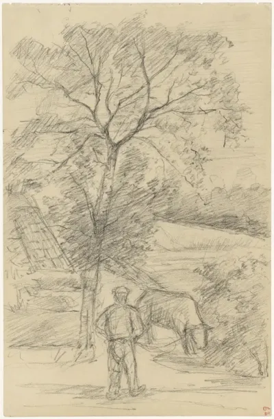 Boer met een koe in een heuvellandschap