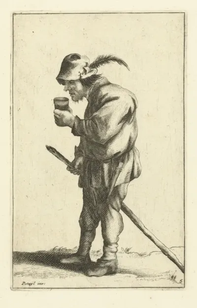Boer met glas in de hand en stok