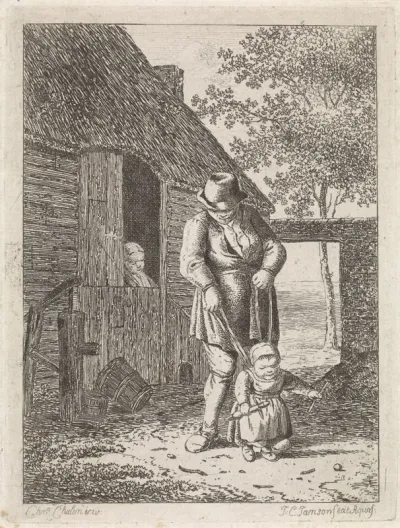 Boer met kind aan leiband