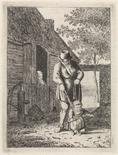 Boer met kind aan leiband