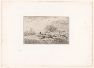 Boer met kudde varkens in een landschap