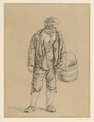 Boer met pijp in de mond en emmer in de hand