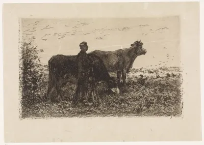 Boer met twee koeien in een landschap