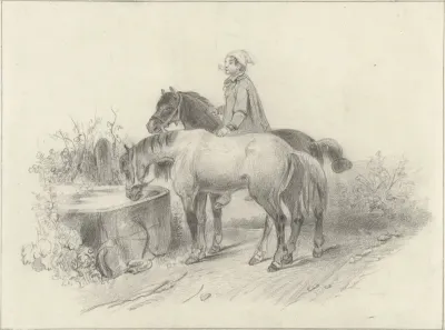 Boer met twee paarden bij een drinkbak