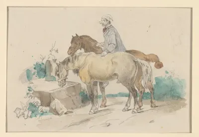 Boer met twee paarden bij een trog met water