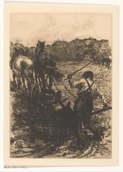 Boer met twee ploegende paarden