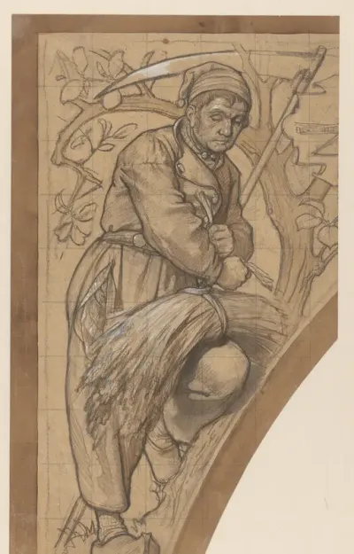 Boer met zeis die schoof bindt