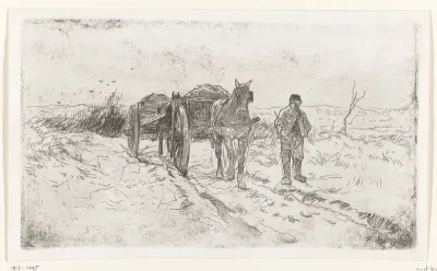 Boer naast twee door paarden getrokken karren