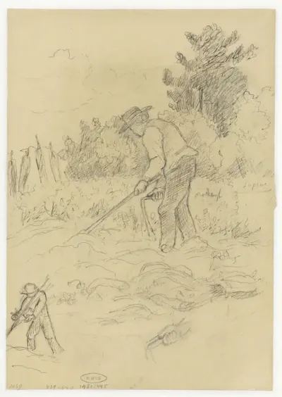 Boer op het land en schets van een boer en hand