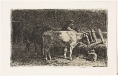 Boer tussen twee koeien bij een ruif in een stal (grote variant)