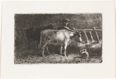 Boer tussen twee koeien bij een ruif in een stal (kleine variant)