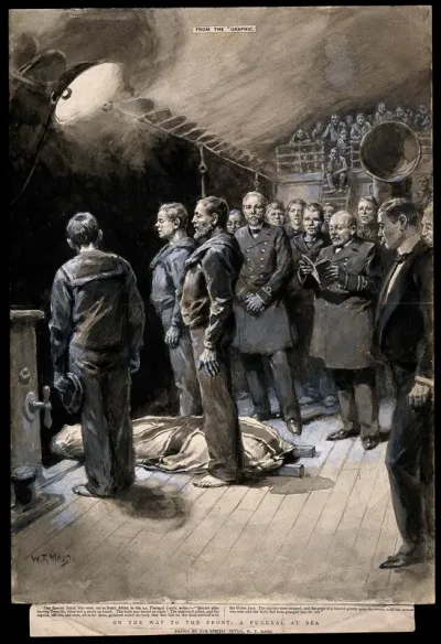 Boer War: a funeral on board a ship at night with officers and crew standing round the body