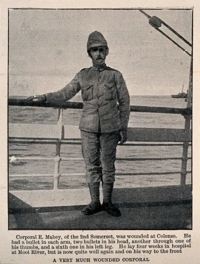 Boer War: a soldier standing on deck after a long recovery from war wounds