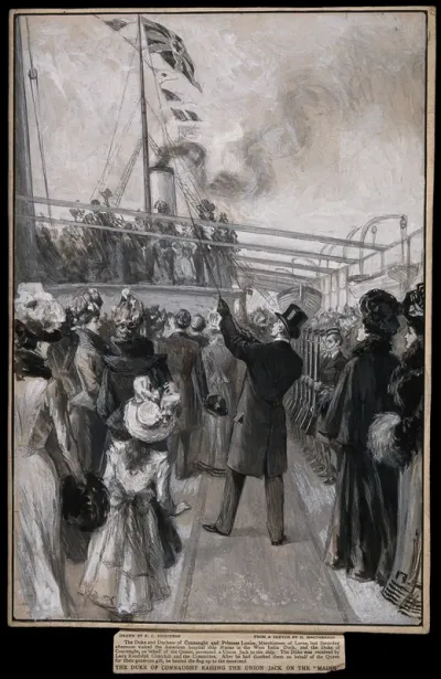 Boer War: The Duke of Connaught raising the Union Jack on the masthead of a hospital ship, an official Committee and line of soldiers in attendance