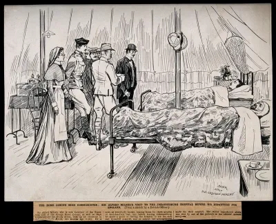 Boer War: the High Commissioner for South Africa, Sir Alfred Milner, visiting a hospital ward where two men lie injured