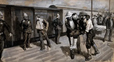 Boer War: wounded soldiers arriving at Pretoria train station after Modder Spuit