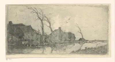 Boerderij aan een sloot, bomen scheef in de wind