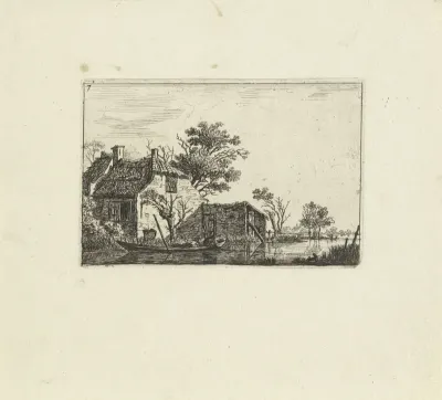 Boerderij aan het water en visser in boot
