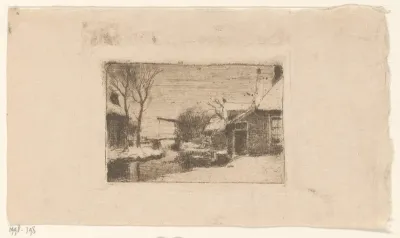 Boerderij aan sloot met ophaalbrug in de sneeuw