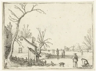 Boerderij bij bevroren rivier en schaatsers op het ijs