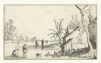 Boerderij bij bevroren rivier met schaatsers op het ijs