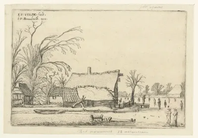 Boerderij bij een bevroren rivier met schaatsers