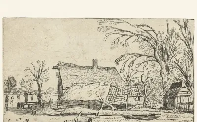 Boerderij bij een bevroren rivier