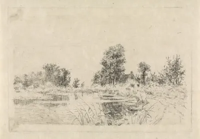 Boerderij en bomen aan het water