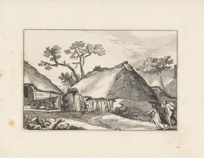 Boerderij en een wagen op een erf
