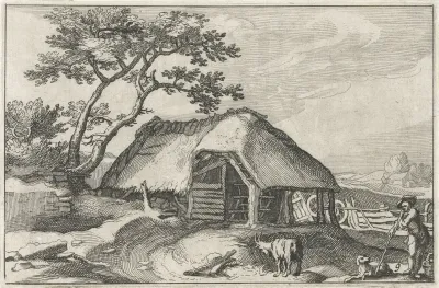 Boerderij en herder met hond en geit
