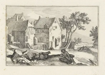 Boerderij en herder met schapen