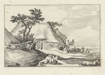 Boerderij en herder met schapen en geit