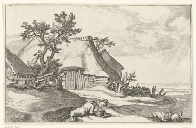 Boerderij en herder met schapen en geit