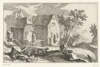 Boerderij en herder met schapen