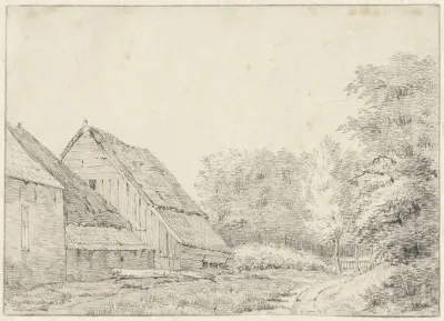 Boerderij en houten schuur bij bos