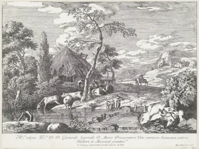 Boerderij en kudde bij een rivier