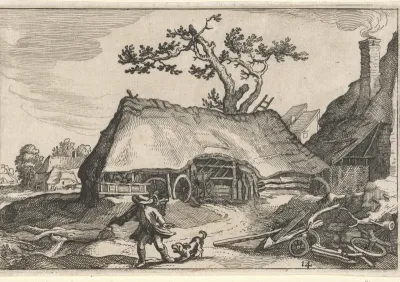 Boerderij en man en blaffende hond