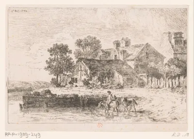 Boerderij en ruiter met twee paarden